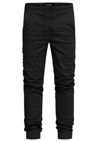 Black jogger pants made of soft fabric, featuring an elastic waistband with drawstring, side pockets, and tapered cuffs.
