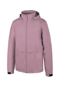 Helle rosa Jacke aus leichtem Stoff, mit durchgehendem Reißverschluss, Kordelzugkapuze und zwei Vordertaschen mit elastischen Bündchen.
