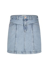 Světle modrá džínová minisukně s vysokým pasem, zapínáním na knoflíky vpředu a několika kapsami. Má čistý design a rovný lem.