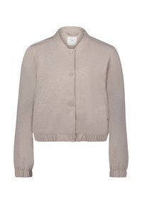 Jasnoszara, zapinana kurtka z teksturowanej tkaniny, z okrągłym kołnierzem i elastycznymi mankietami. Posiada boczne kieszenie oraz marszczoną talię.