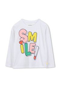 Weißes langärmeliges T-Shirt mit buntem, übergroßem "SMILE!"-Grafikdesign, das mit einem roten Herzen und gepunkteten Akzenten verziert ist. Aus weichem Baumwollmaterial.