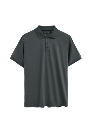 Ciemnoszara krótka koszulka polo z trzema guzikami i małym wyszywanym logo golfisty na lewej piersi.