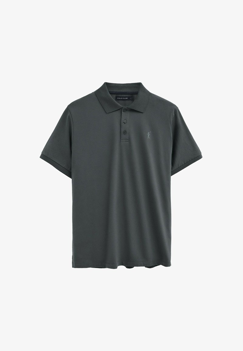 Dunkelgraues Poloshirt mit kurzen Ärmeln, drei Knöpfen und einem kleinen, gestickten Golfer-Logo auf der linken Brust.