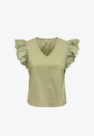 Svetlo zelena brezrokavna bluza z V-izrezom in nabranim čipkastim detajlom na ramenih.