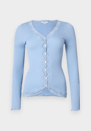 Light blue ribbed cardigan with long sleeves, lace trim along neckline, front button closure, and scalloped edges at cuffs and hem.
