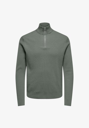 Halli krae pullover tuhmrohelises värvitoonis, soonikkoes, pikad varrukad ja istuv siluett, millel on lameda õmblused ning nähtavad brändid ja mustrid puuduvad.