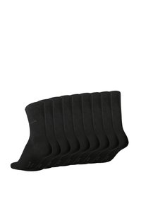 Schwarze Baumwollsocken im Zehnerpack. Jede Socke hat eine glatte Textur, klassische Knöchelhöhe und verstärkte Ferse und Zehen für Langlebigkeit.