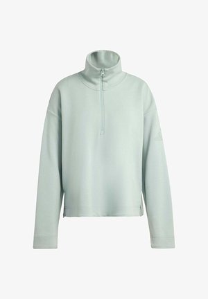 Pullover azzurro chiaro a maniche lunghe con collo alto e mezza cerniera frontale, vestibilità ampia e logo discreto sulla manica sinistra.