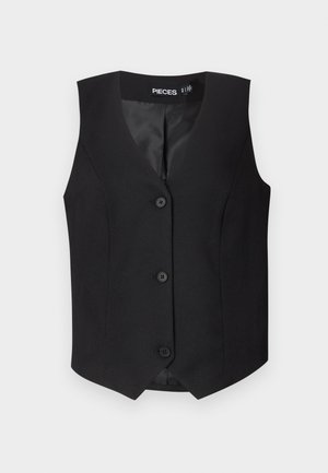 Chaleco negro con escote en V, diseño sin mangas y cinco cierres de botón. Fabricado con tejido texturizado y forro interior suave.