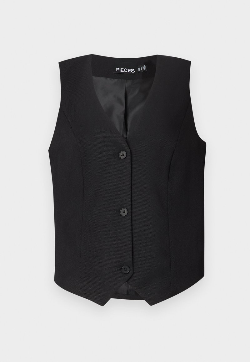 Gilet noir avec un décolleté en V, sans manches et cinq boutons de fermeture. Confectionné à partir d'un tissu texturé avec une doublure intérieure lisse.