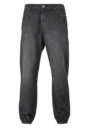 Mørkegrå denimjeans med en afslappet pasform, der har sidelommer, knaplukning og smalle manchetter ved anklerne. Struktureret stof.