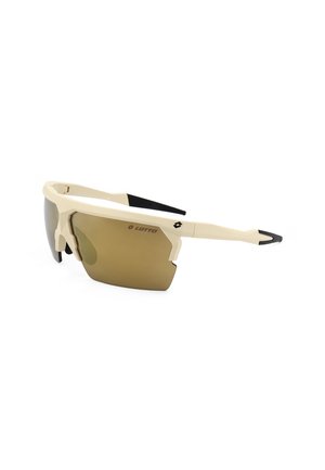 Occhiali da sole sportivi beige con lenti avvolgenti marroni e terminali delle aste neri, con il logo Lotto sulla lente e sulla montatura.