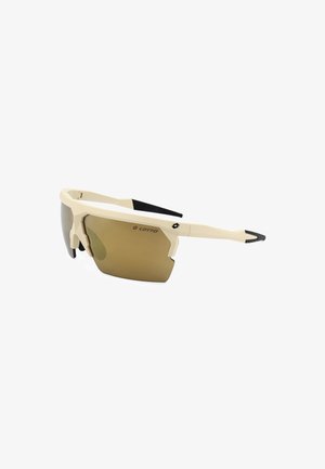 Occhiali da sole sportivi beige con lenti avvolgenti marroni e terminali delle aste neri, con il logo Lotto sulla lente e sulla montatura.