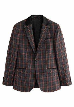 Blazer a quadri neri e grigi con accenti rossi, chiusura a un bottone, due tasche frontali e rever a punta. Tessuto morbido e testurizzato.