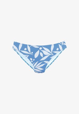 Bikini inferior de color azul claro con un patrón de hojas blancas, diseñado con un corte bajo y una tela suave y elástica para mayor comodidad.