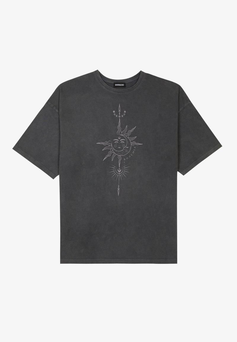 T-shirt surdimensionné gris foncé en coton, avec un graphisme central représentant un soleil, ornée de détails de lignes complexes imprimés sur le devant.