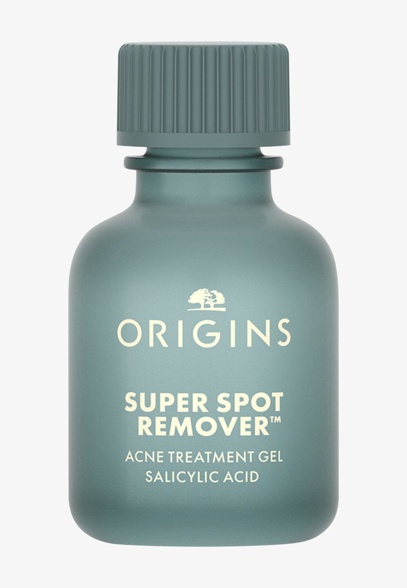 Grønn frostet glassflaske med en ripete kork. Etiketten lyder "Origins Super Spot Remover™ Aknebehandlingsgel med salisylsyre."