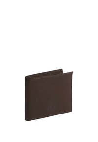 Cartera de cuero marrón, diseño de dos pliegues con textura suave, que presenta un logotipo estampado en el frente y costuras visibles a lo largo de los bordes.