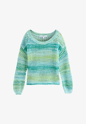 Leichter Strickpullover mit offenem Gewebe in verlaufenden Streifen in Petrol, Aqua und Limettengrün, langärmlig und mit rundem Halsausschnitt.