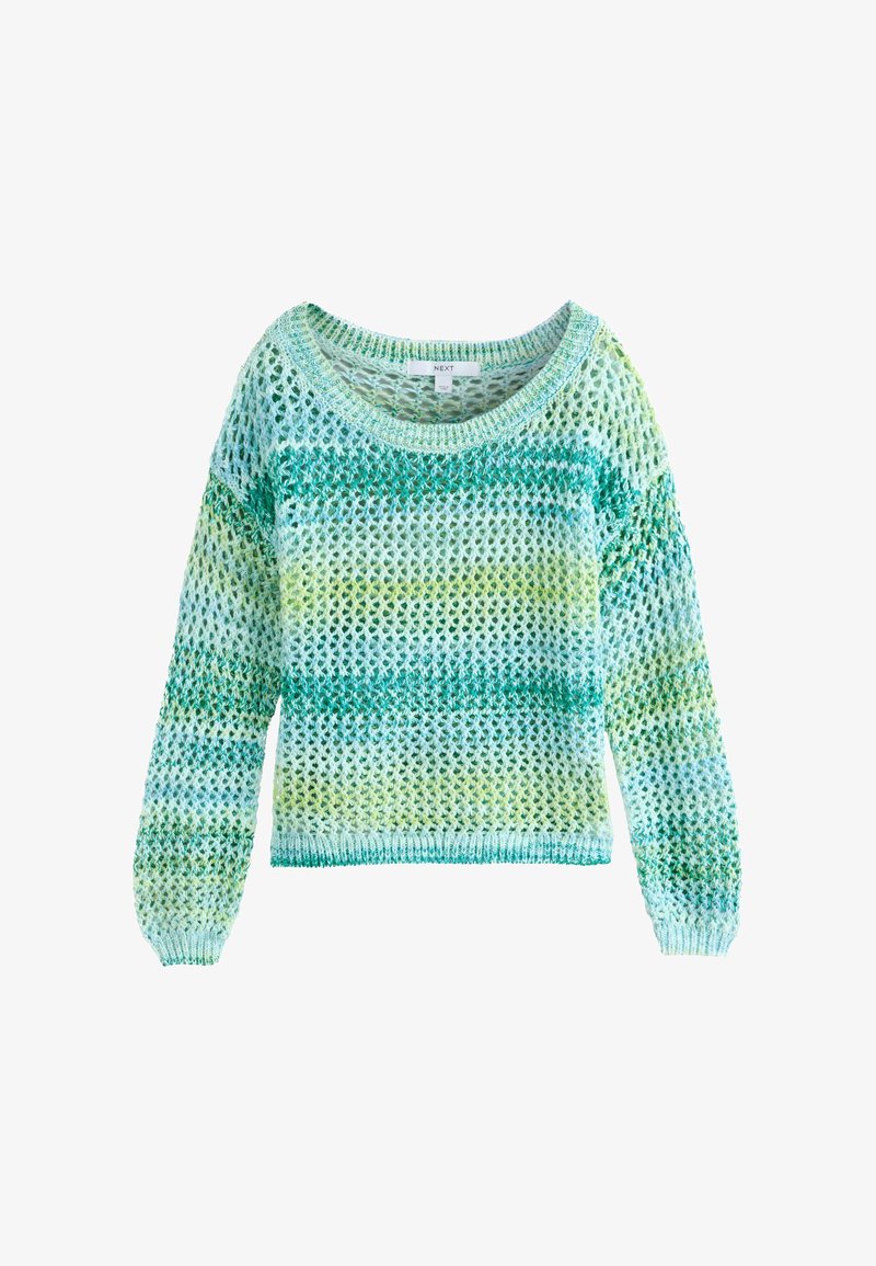 Let strikket sweater med åben vævning i gradientstriber i dybblågrøn, aqua og limegrøn, lange ærmer og rund halsudskæring.