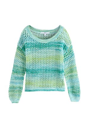 Ľahký pletený sveter s otvorenou väzbou v pruhovanom prechode farieb teal, aqua a limetkovej zelenej, s dlhými rukávmi a okrúhlym výstrihom.