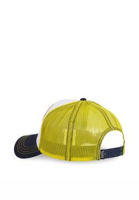 Casquette de baseball avec un dos en mesh jaune, un devant blanc et une visière marine. Fermeture réglable à pression visible à l'arrière.