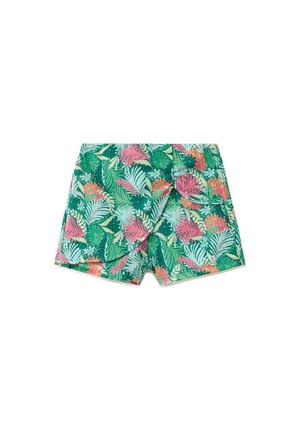 Short vert avec imprimé feuilles et fleurs tropicales roses et orange, doté d'une ceinture élastique et d'un détail à rabat à l'avant.