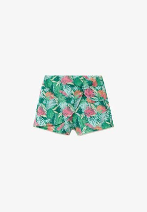 Grüne Shorts mit pinkem und orangefarbenem tropischem Blatt- und Blumenprint, mit elastischem Bund und einem vorderen Überlappungsdetail.