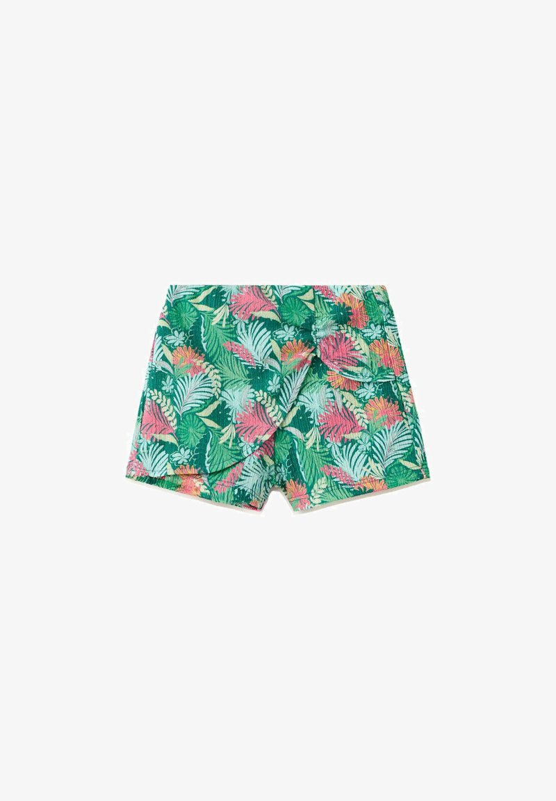 Short vert avec imprimé feuilles et fleurs tropicales roses et orange, doté d'une ceinture élastique et d'un détail à rabat à l'avant.