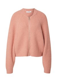 Hellrosa gestrickte Strickjacke mit rundem Halsausschnitt, Reißverschluss und strukturiertem Stoff. Mit gerippten Bündchen und Saum.