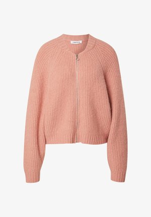 Hellrosa gestrickte Strickjacke mit rundem Halsausschnitt, Reißverschluss und strukturiertem Stoff. Mit gerippten Bündchen und Saum.