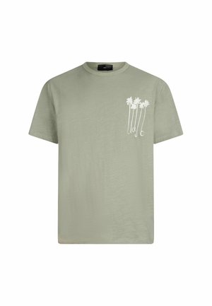 Jasnozielony bawełniany t-shirt z krótkimi rękawami, okrągłym dekoltem i białą grafiką palmowego drzewa na lewej piersi. Miękki, casualowy design.