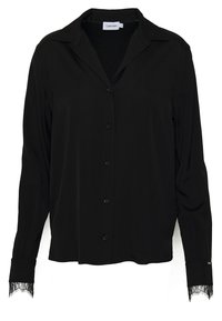Camisa de botones de manga larga negra con cuello y bordado de encaje en los puños, etiqueta de Calvin Klein en el interior del cuello.