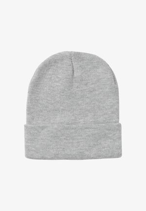 Berretto in maglia grigia con risvolto, realizzato in tessuto morbido e testurizzato. Design semplice, leggero, adatto a diverse condizioni atmosferiche.