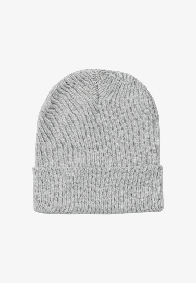 Berretto in maglia grigia con risvolto, realizzato in tessuto morbido e testurizzato. Design semplice, leggero, adatto a diverse condizioni atmosferiche.