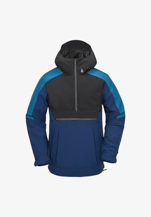 Verstelbare hooded jas met een zwart bovenstuk en een blauw onderstuk, voorzien van een kangoeroezak, waterdichte ritsen en een gemêleerde stof.