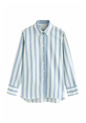 Chemise à manches longues boutonnée avec rayures verticales bleues et blanches et col classique sur fond blanc.