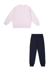 Sudadera de color rosa claro con mangas raglán y puños de canalé, combinada con pantalones deportivos azul marino que cuentan con una cinturilla elástica. Textura de tela suave.
