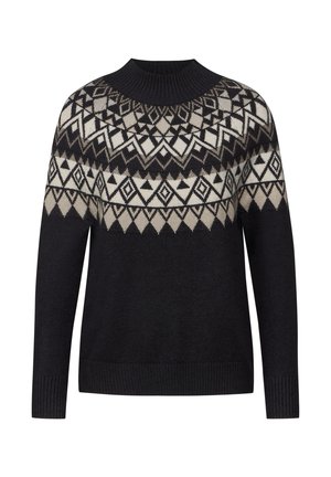 Svart tröja med en geometrisk mönstrad ok i krämfärgat och beige, med rund halsringning och ribbade muddar och avslut. Mjuk textur.