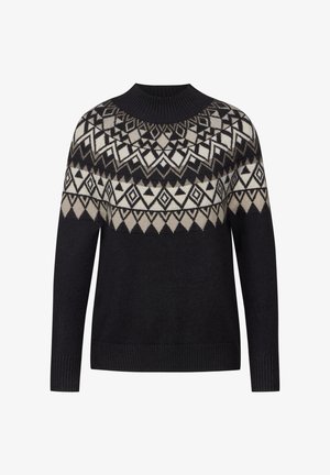 Maglione nero con un collo geometrico in crema e beige, caratterizzato da un colletto tondo e polsini e orlo a costine. Texture morbida.