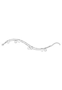 Silver metal bracelet with multiple interconnected chains, featuring round pendants of varying sizes attached along the length.