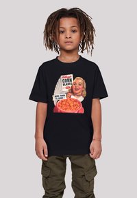 Black t-shirt featuring a retro Kellogg's Corn Flakes graphic, showcasing a woman with blonde hair and a bowl of cereal, view from the front.