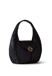 Black shoulder bag made of textured fabric with a rounded shape. Features a black flap closure and a gold circular hardware accent.