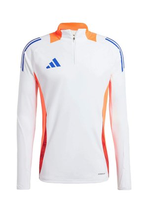 White long-sleeve athletic shirt with a quarter-zip, featuring orange and blue accents on shoulders and sides, made from lightweight fabric.