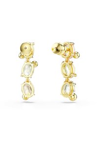 Gold-tone earrings featuring three oval clear crystals suspended by links, with a polished finish and spherical accents.