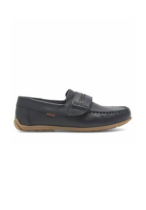 Black leather loafer with tan rubber sole, penny strap detail, and stitching along the toe and sides, shown in side profile.