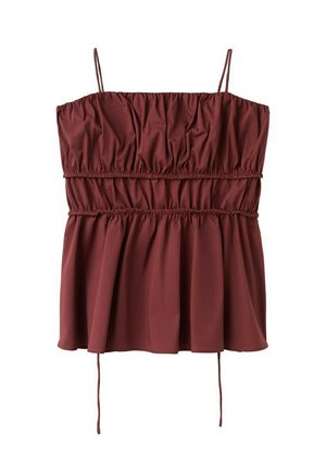 Top sin mangas color burdeos con tirantes finos, dos bandas elásticas fruncidas que crean un efecto drapeado y una sección inferior suelta y fluida.