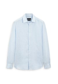 Camicia a maniche lunghe azzurro chiaro con sottili righe verticali, davanti con bottoni, e colletto standard. Tessuto morbido e vestibilità strutturata.