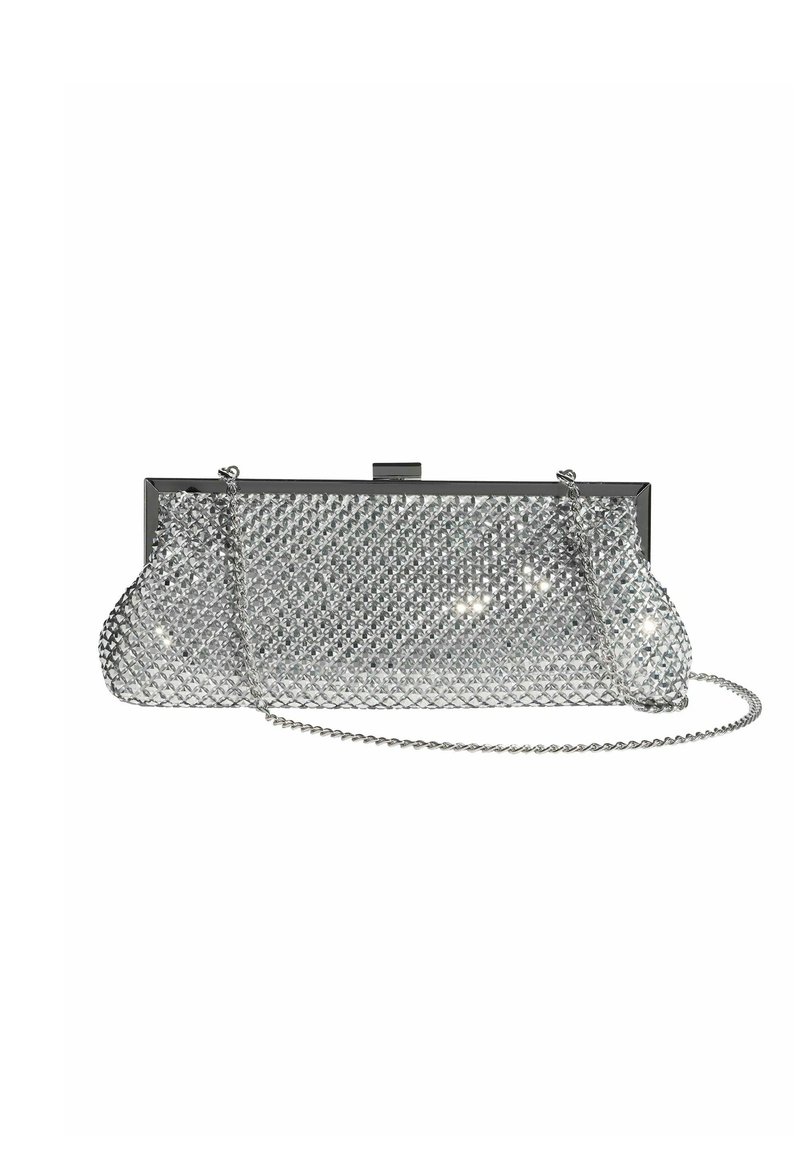 Plică metalică argintie cu bretea din lanț, decorată cu mici strasuri, având o formă rectangulară și un sistem de închidere cu clemă.