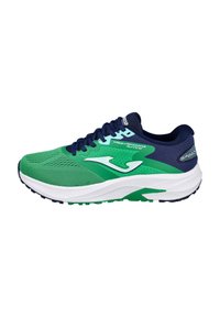 Zapatilla de correr verde y azul marino con parte superior de malla, acentos blancos, punta redondeada, suela acolchada y detalles estampados en los laterales.